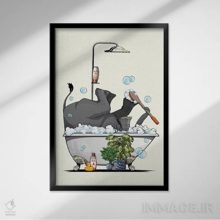 تابلو دکوراتیو Washing Feet,فیل در وان حمام، در حال شستن پاها اثر وایات دیزاین - نمای قابدار مشکی