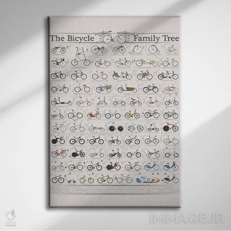 تابلو دکوراتیو Cycling Bike History,شجره نامه دوچرخه ها، تاریخچه دوچرخه س… اثر وایات دیزاین - نمای روبهرو روی دیوار