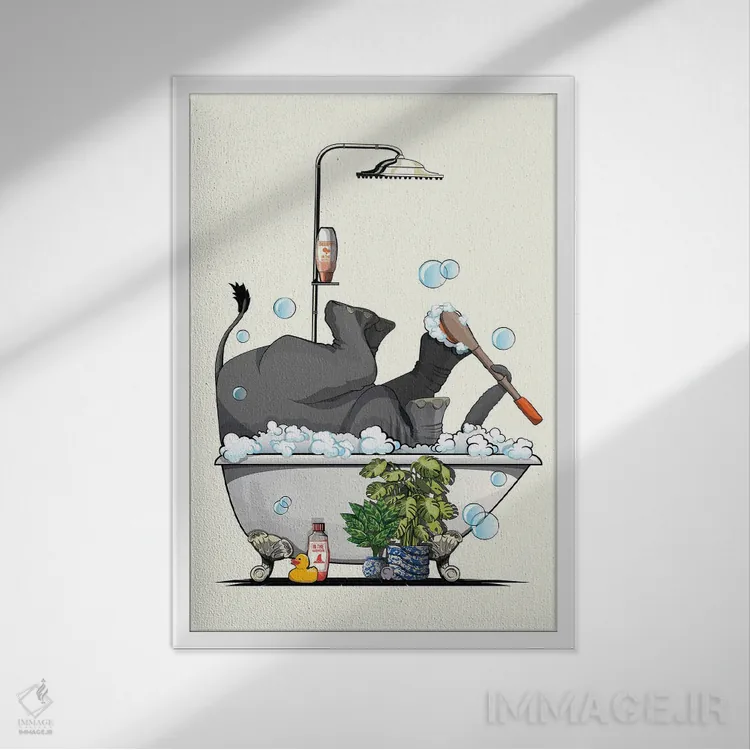 تابلو دکوراتیو Washing Feet,فیل در وان حمام، در حال شستن پاها اثر وایات دیزاین - نمای قابدار سفید