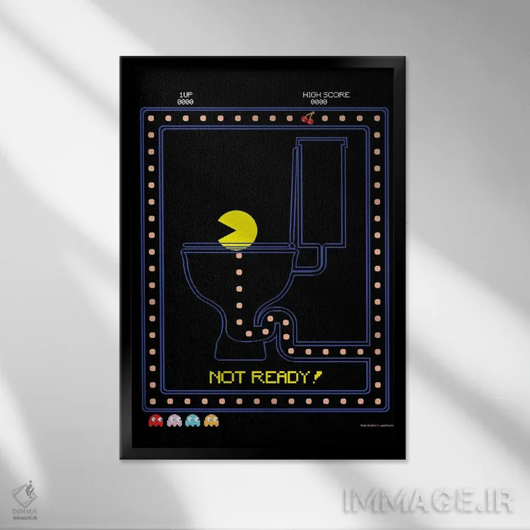 تابلو دکوراتیو پک من روی توالت اثر وایات دیزاین - نمای قابدار مشکی