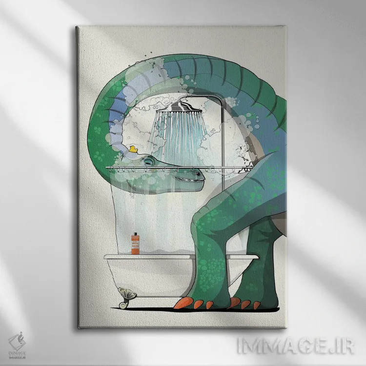 تابلو دکوراتیو دایناسور دیپلودوکوس در حمام و دوش اثر وایات دیزاین - نمای روبهرو روی دیوار