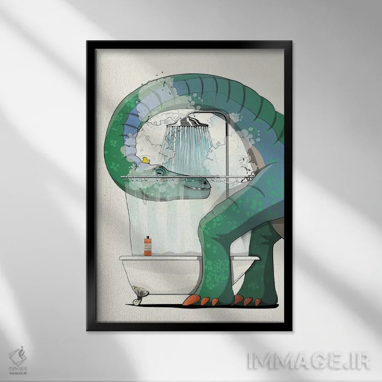 تابلو دکوراتیو دایناسور دیپلودوکوس در حمام و دوش اثر وایات دیزاین - نمای قابدار مشکی