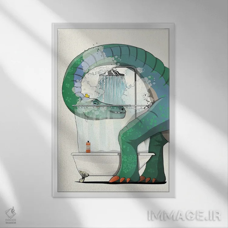 تابلو دکوراتیو دایناسور دیپلودوکوس در حمام و دوش اثر وایات دیزاین - نمای قابدار سفید