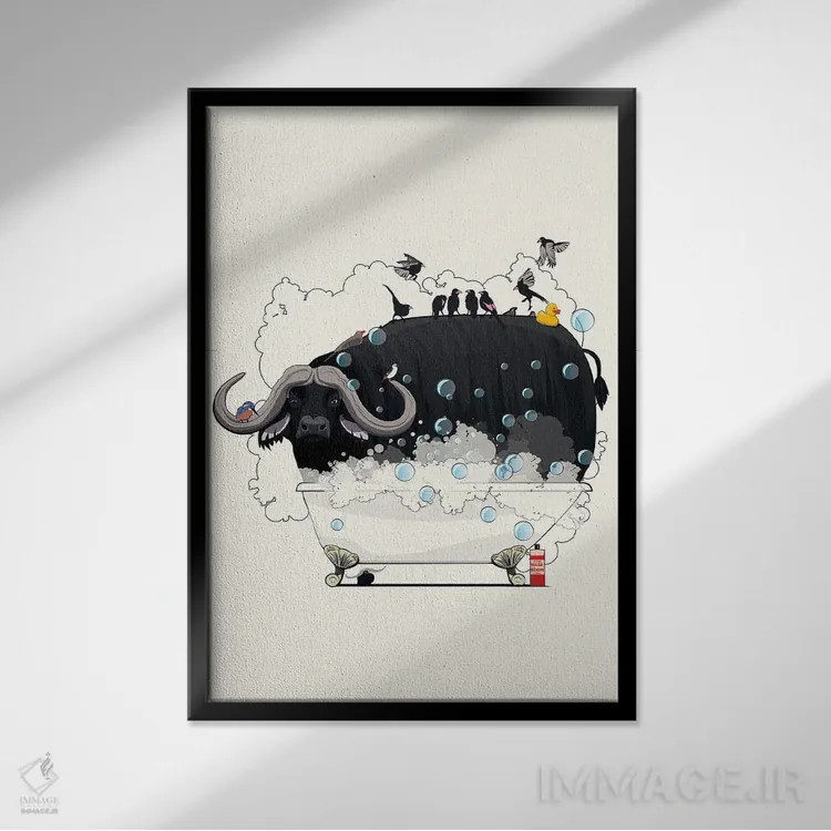 تابلو دکوراتیو گاومیش در حمام اثر وایات دیزاین - نمای قابدار مشکی