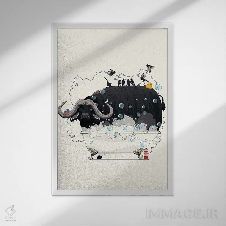 تابلو دکوراتیو گاومیش در حمام اثر وایات دیزاین - نمای قابدار سفید