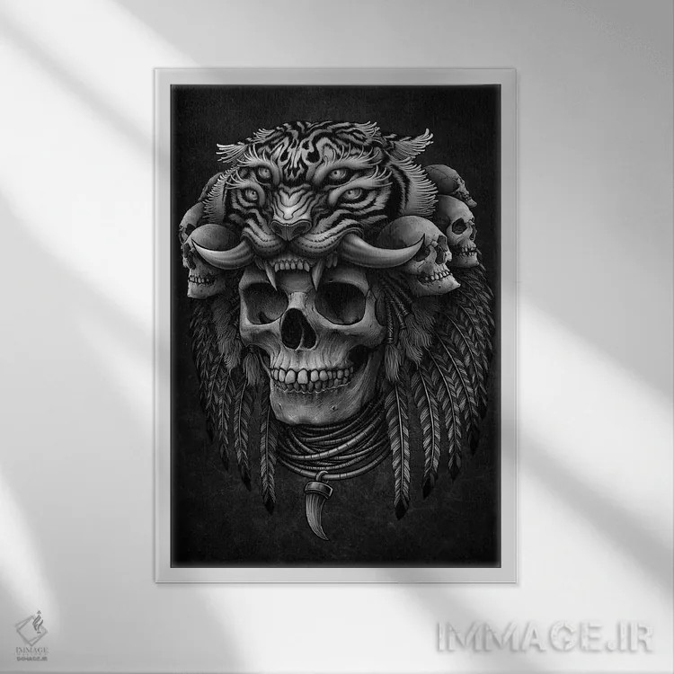 تابلو دکوراتیو Tiger Headdress,جمجمه مایا مرموز با تاج ببر اثر وینیا سنگسورن - نمای قابدار سفید