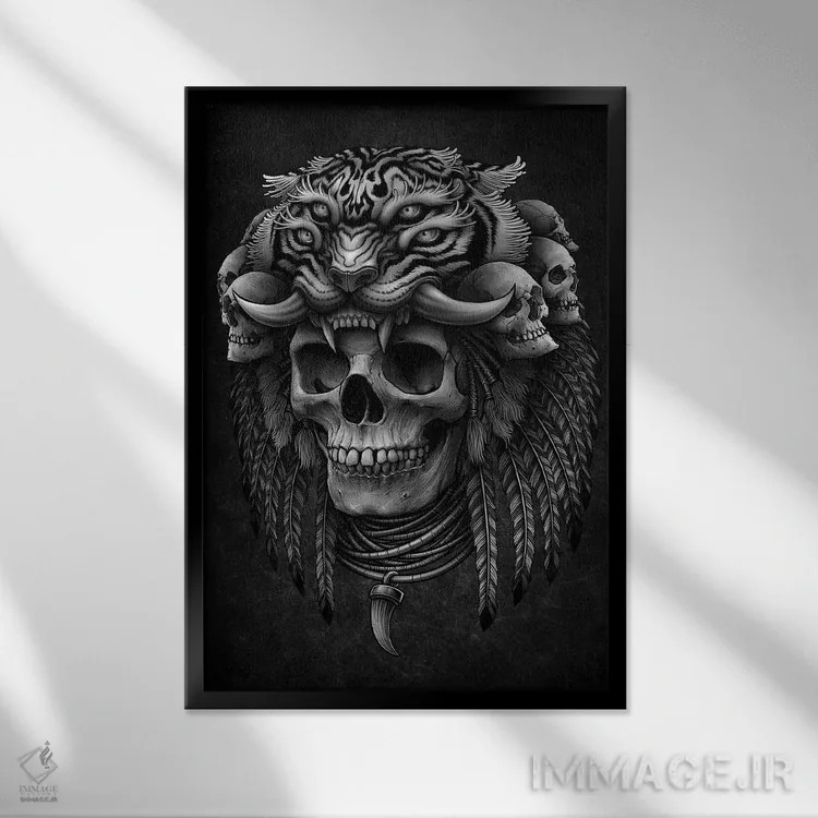 تابلو دکوراتیو Tiger Headdress,جمجمه مایا مرموز با تاج ببر اثر وینیا سنگسورن - نمای قابدار مشکی
