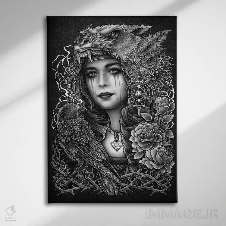 تابلو دکوراتیو سردیس بومی آمریکایی زن با تاج ببر اثر وینیا سنگسورن - نمای روبهرو روی دیوار