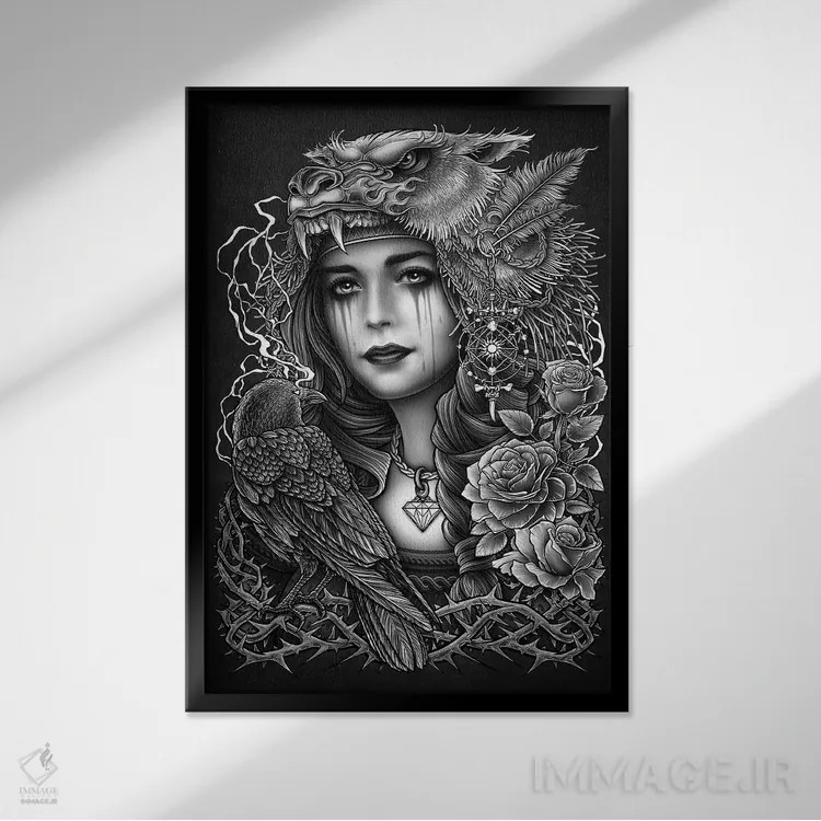 تابلو دکوراتیو سردیس بومی آمریکایی زن با تاج ببر اثر وینیا سنگسورن - نمای قابدار مشکی