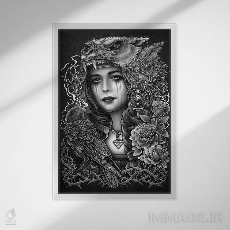 تابلو دکوراتیو سردیس بومی آمریکایی زن با تاج ببر اثر وینیا سنگسورن - نمای قابدار سفید