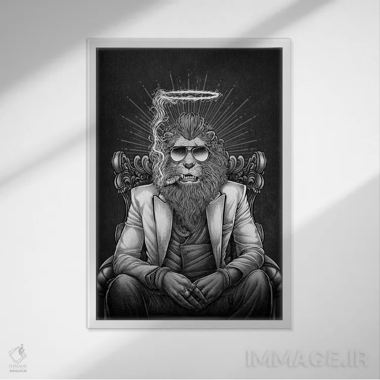 تابلو دکوراتیو گنگستر مافیایی شیر اثر وینیا سنگسورن - نمای قابدار سفید