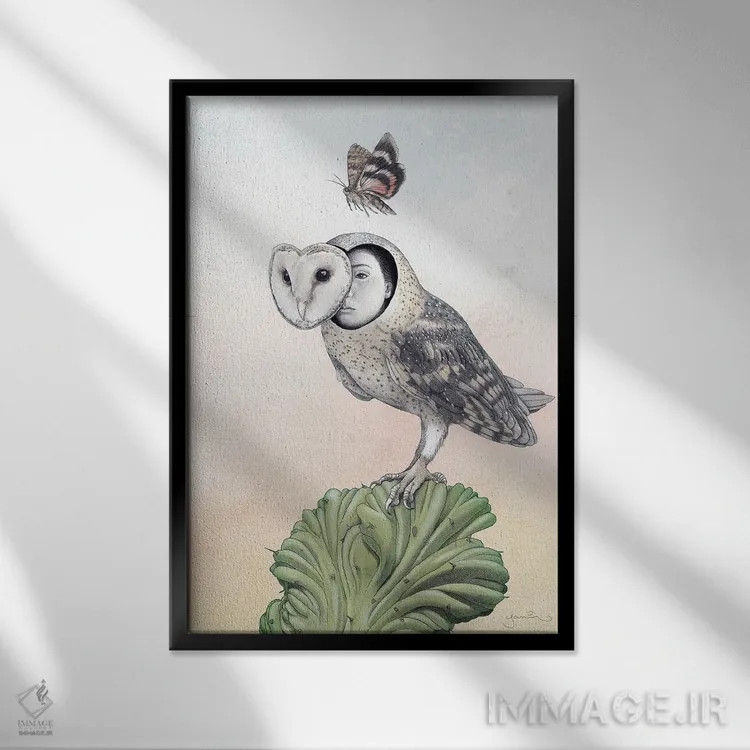 تابلو دکوراتیو خودنگاره به شکل جغد انباری اثر یانین رویبال - نمای قابدار مشکی