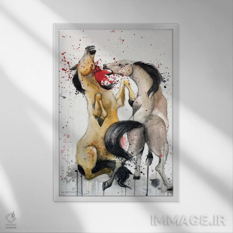 تابلو دکوراتیو نبرد اسب ها اثر یانین رویبال - نمای قابدار سفید