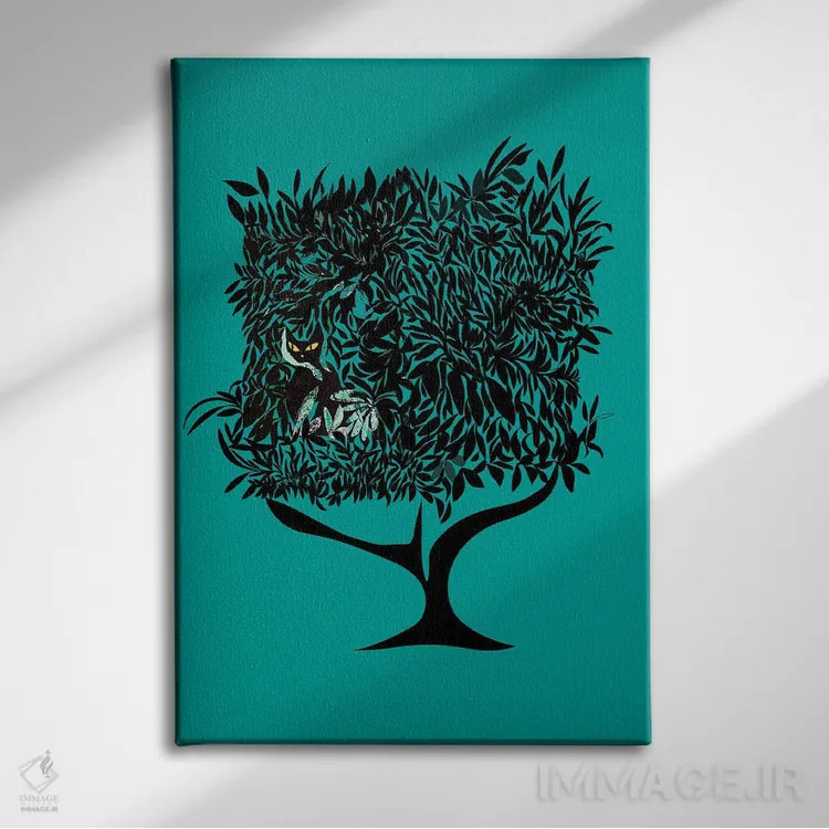 تابلو مدرن گربه فیروزه ای درختی اثر ییر آو د کت - نمای روبهرو روی دیوار