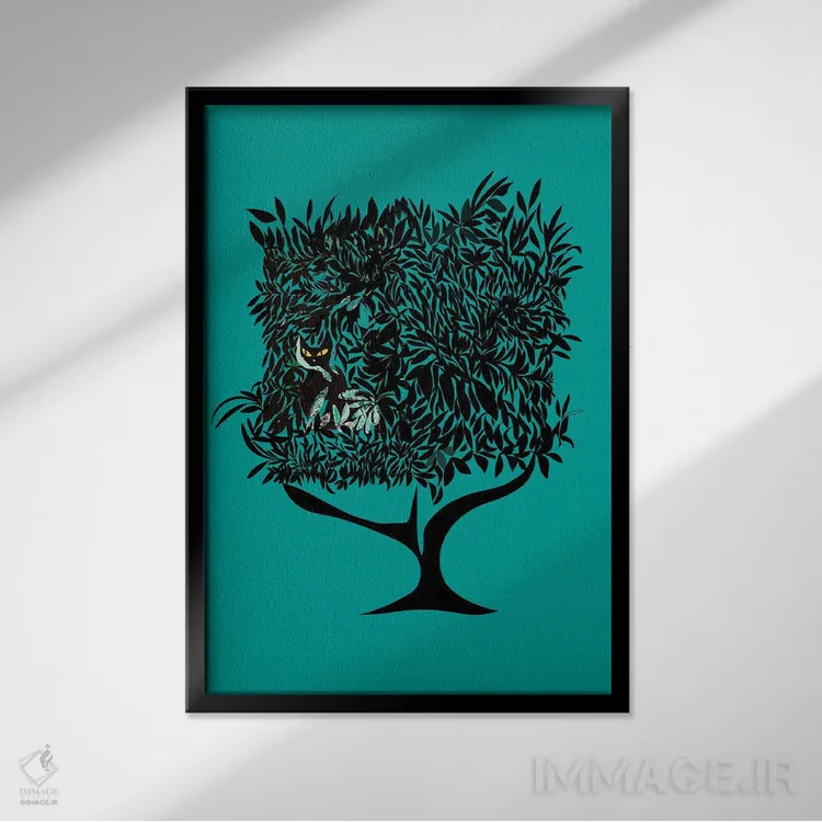 تابلو مدرن گربه فیروزه ای درختی اثر ییر آو د کت - نمای قابدار مشکی