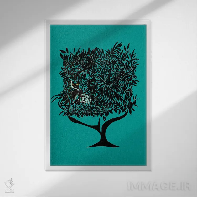 تابلو مدرن گربه فیروزه ای درختی اثر ییر آو د کت - نمای قابدار سفید