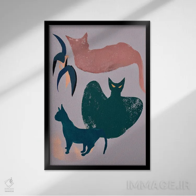 تابلو مینیمال گربه ها در تولوم اثر ییر آو د کت - نمای قابدار مشکی
