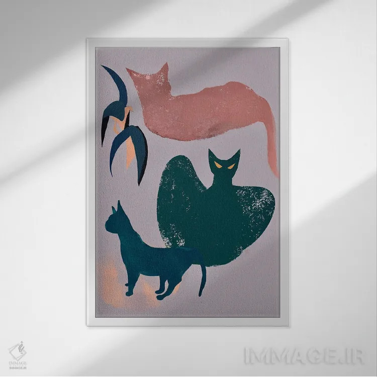 تابلو مینیمال گربه ها در تولوم اثر ییر آو د کت - نمای قابدار سفید