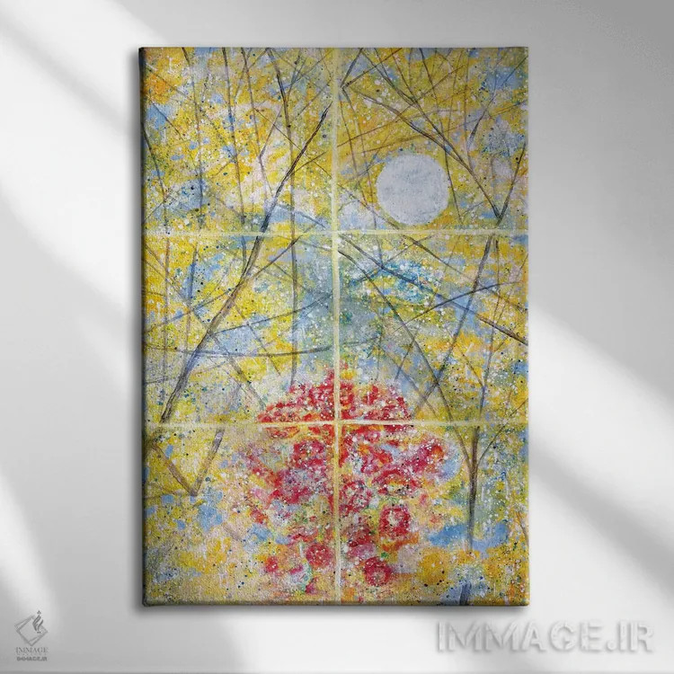 تابلو مینیمال ماه بازتابی، باران و گل های رز اثر یولاندا فرناندز-شبکو - نمای روبهرو روی دیوار