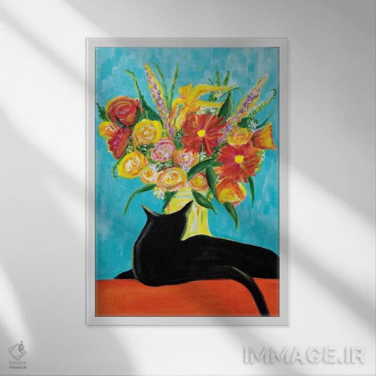 تابلو انتزاعی گربه سیاه اثر یولاندا فرناندز-شبکو - نمای قابدار سفید