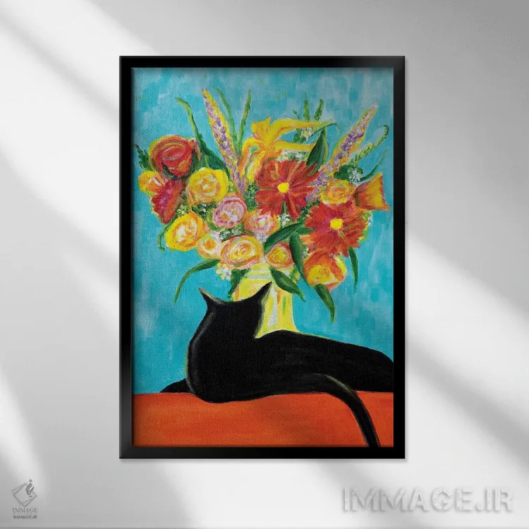 تابلو انتزاعی گربه سیاه اثر یولاندا فرناندز-شبکو - نمای قابدار مشکی