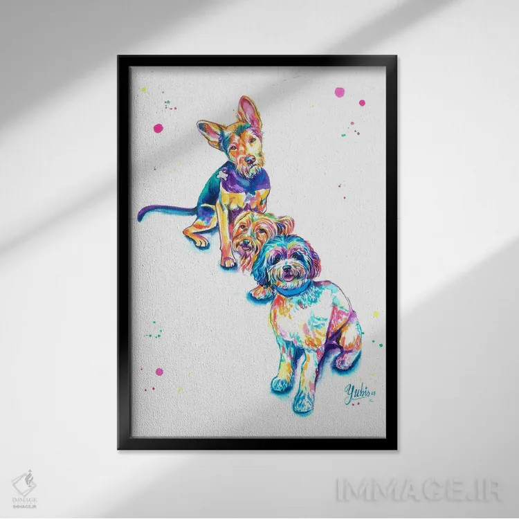تابلو دکوراتیو خانواده سگ ها اثر یوبیس گوسمان - نمای قابدار مشکی