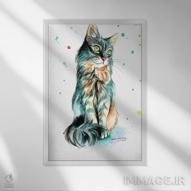 تابلو دکوراتیو زیبایی گربه خاکستری اثر یوبیس گوسمان - نمای قابدار سفید