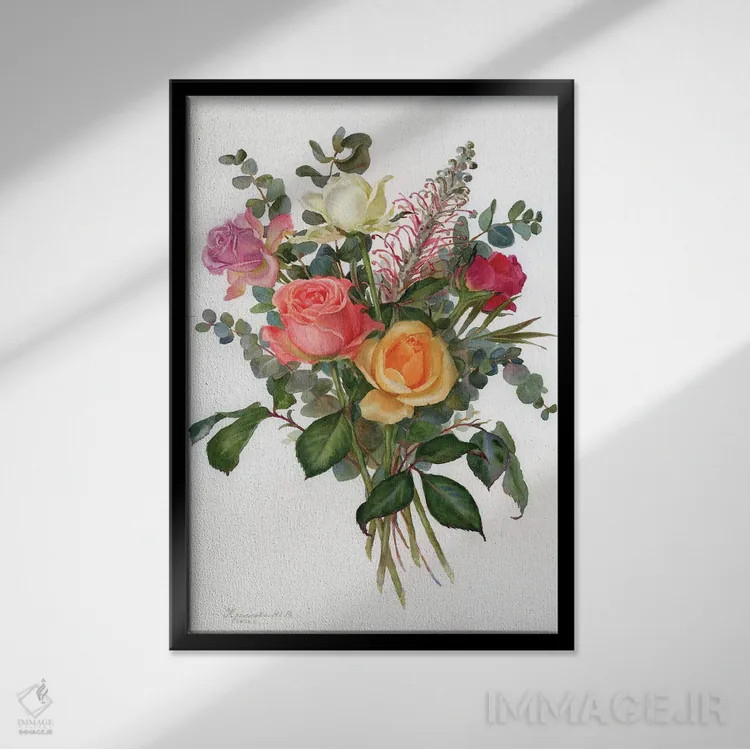 تابلو دکوراتیو دسته گل رزهای رنگارنگ اثر یولیا کراسنوف - نمای قابدار مشکی