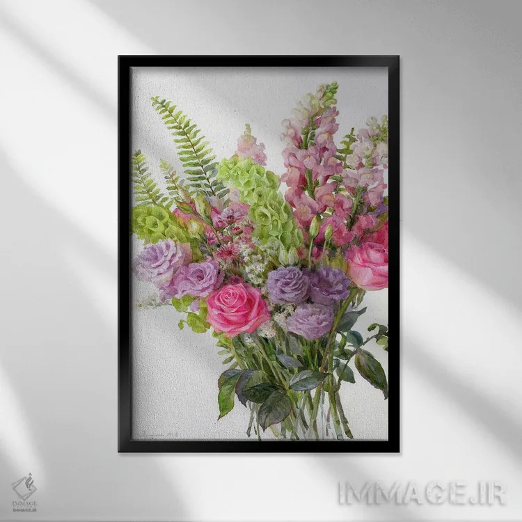 تابلو دکوراتیو دسته گل با زنگوله های ایرلندی اثر یولیا کراسنوف - نمای قابدار مشکی