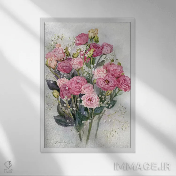 تابلو دکوراتیو دسته گل لیزیانتوس صورتی اثر یولیا کراسنوف - نمای قابدار سفید