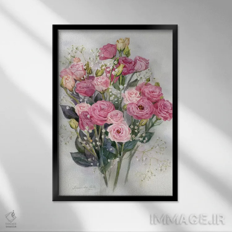 تابلو دکوراتیو دسته گل لیزیانتوس صورتی اثر یولیا کراسنوف - نمای قابدار مشکی