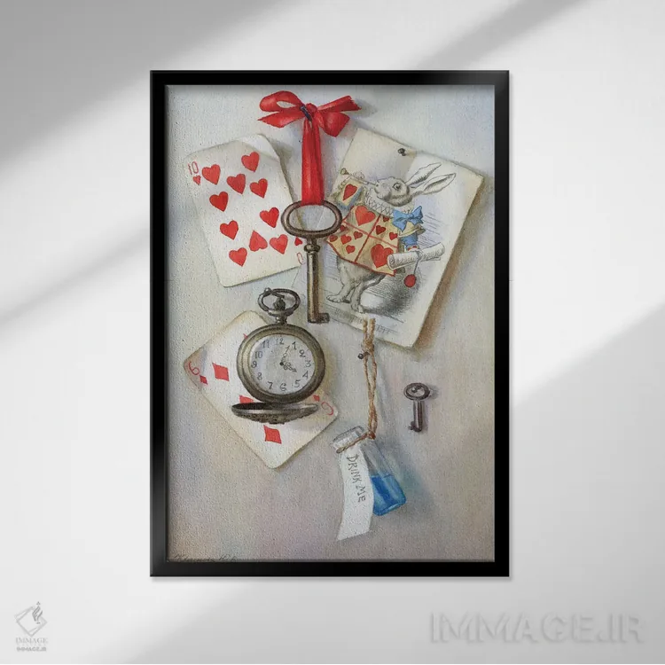 تابلو کلاسیک طبیعت بی جان تردستی "برای آلیس" با تصویرسازی جان تنیل اثر یولیا کراسنوف - نمای قابدار مشکی