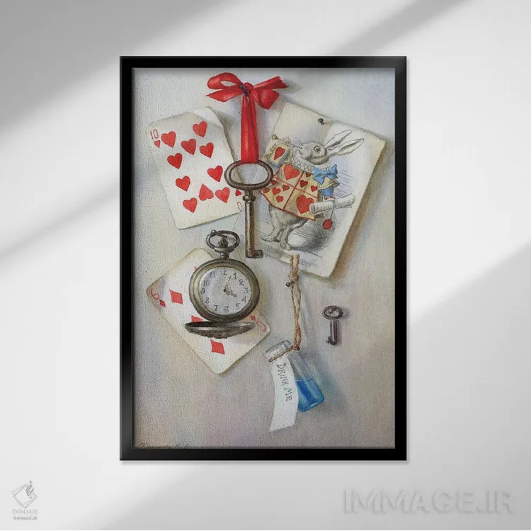 تابلو کلاسیک طبیعت بی جان تردستی "برای آلیس" با تصویرسازی جان تنیل اثر یولیا کراسنوف - نمای قابدار مشکی
