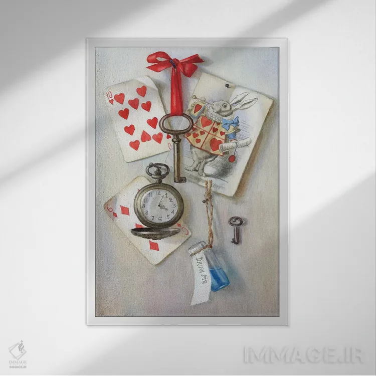 تابلو کلاسیک طبیعت بی جان تردستی "برای آلیس" با تصویرسازی جان تنیل اثر یولیا کراسنوف - نمای قابدار سفید