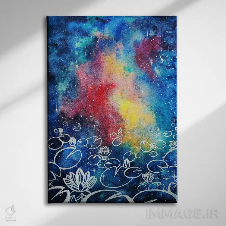 تابلو انتزاعی Watercolor,نیلوفرهای کیهانی، آبرنگ اثر یولیا بلاسلا - نمای روبهرو روی دیوار