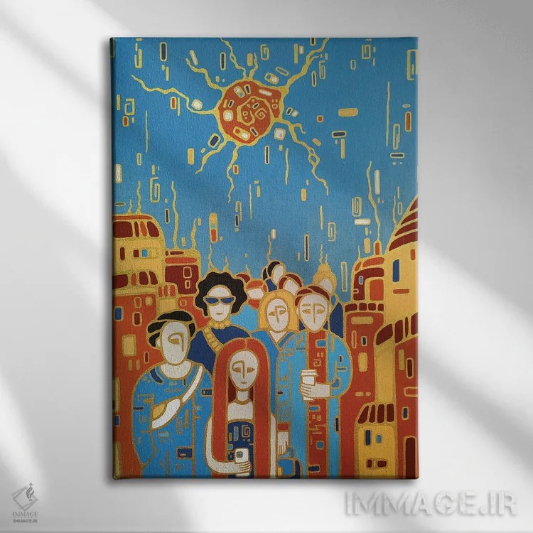 تابلو انتزاعی خورشید نارنجی اثر یولیا بلاسلا - نمای روبهرو روی دیوار