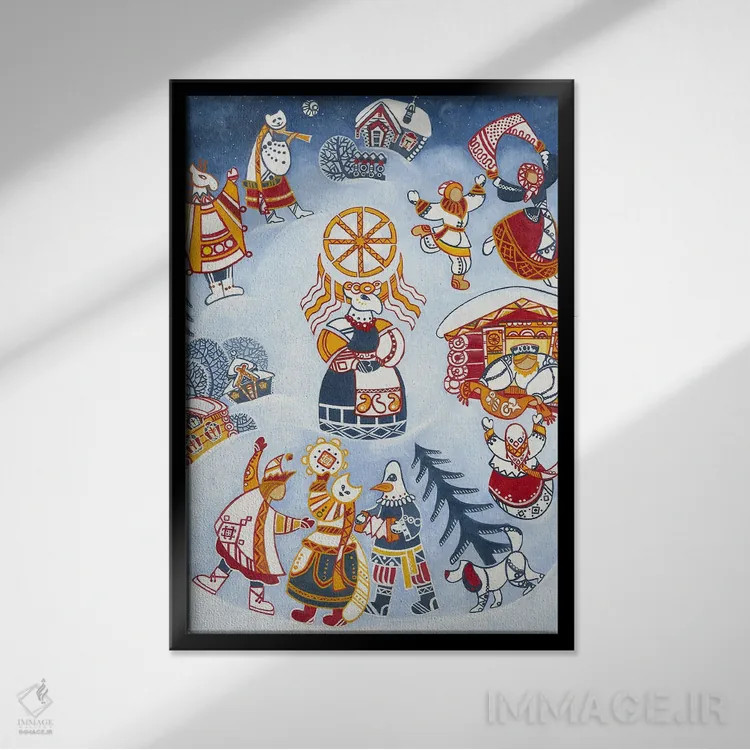 تابلو دکوراتیو Winter Carnival, Folk Art,کولیادا، جشن زمستانی، هنر مردمی اثر یولیا بلاسلا - نمای قابدار مشکی