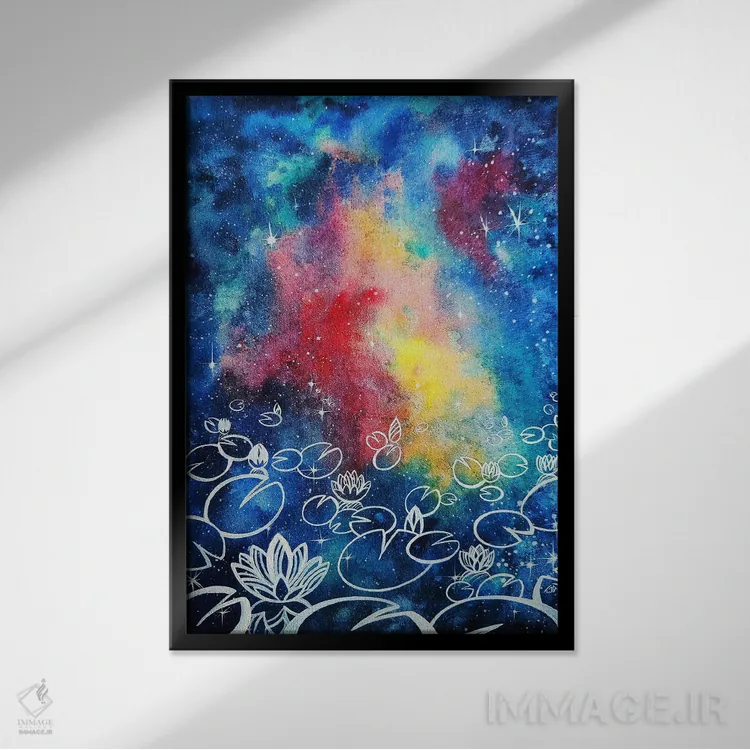 تابلو انتزاعی Watercolor,نیلوفرهای کیهانی، آبرنگ اثر یولیا بلاسلا - نمای قابدار مشکی