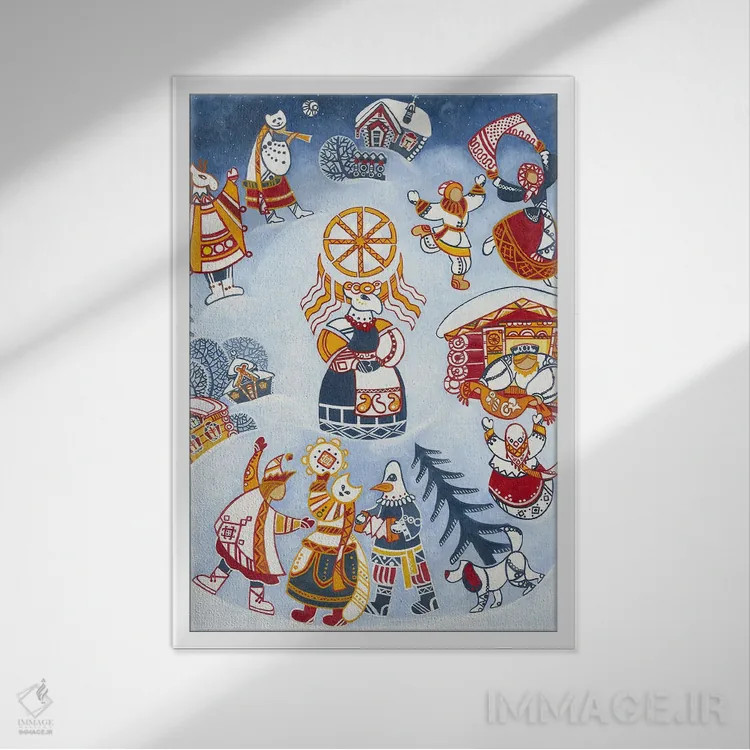 تابلو دکوراتیو Winter Carnival, Folk Art,کولیادا، جشن زمستانی، هنر مردمی اثر یولیا بلاسلا - نمای قابدار سفید