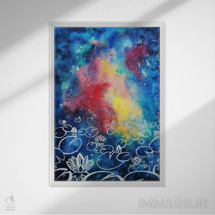 تابلو انتزاعی Watercolor,نیلوفرهای کیهانی، آبرنگ اثر یولیا بلاسلا - نمای قابدار سفید