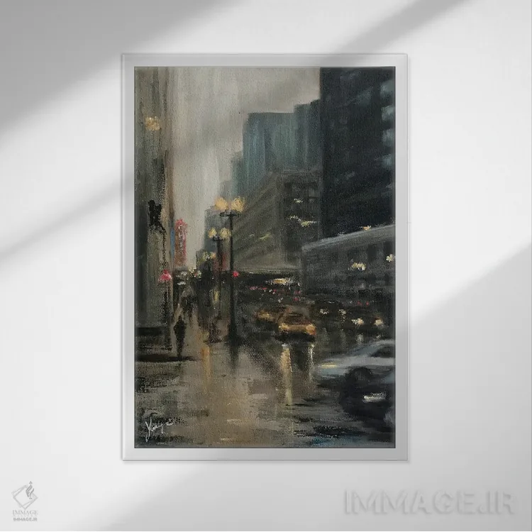 تابلو دکوراتیو خیابان استیت هنگام غروب اثر یانگزی شو - نمای قابدار سفید