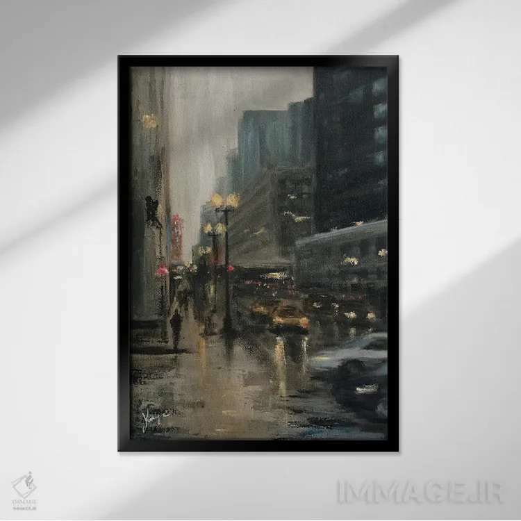 تابلو دکوراتیو خیابان استیت هنگام غروب اثر یانگزی شو - نمای قابدار مشکی