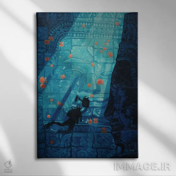 تابلو دکوراتیو نقاشی روغنی فانتزی ویرانه زیرآب اثر یوئه زنگ - نمای روبهرو روی دیوار