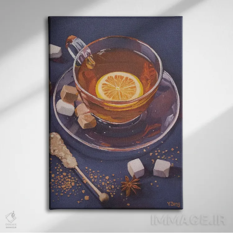 تابلو دکوراتیو چای لیمویی و حبه قند اثر یوئه زنگ - نمای روبهرو روی دیوار