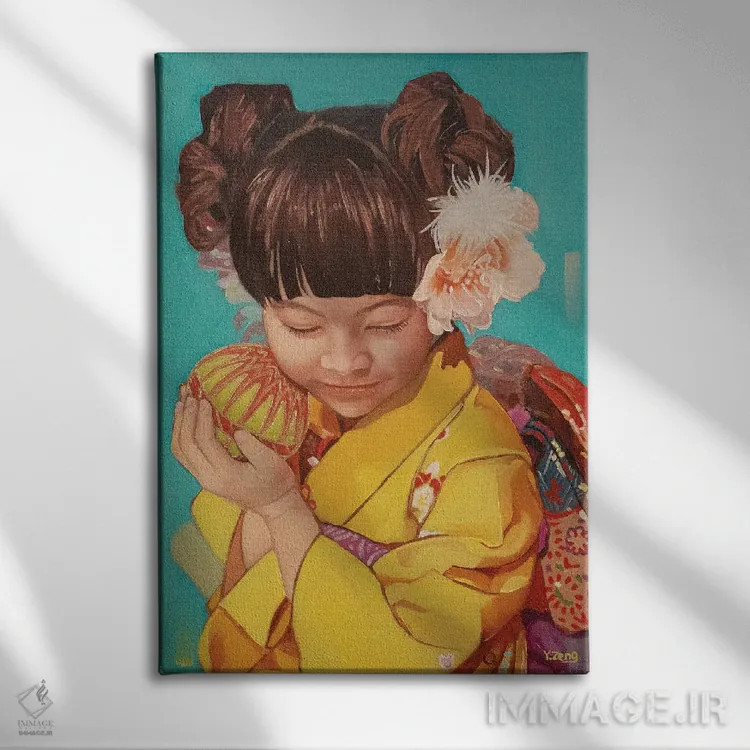 تابلو دکوراتیو نقاشی روغنی پرتره دختر با کیمونو اثر یوئه زنگ - نمای روبهرو روی دیوار