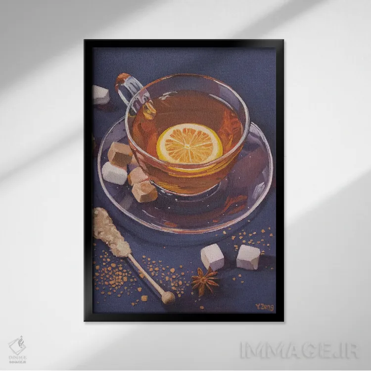 تابلو دکوراتیو چای لیمویی و حبه قند اثر یوئه زنگ - نمای قابدار مشکی