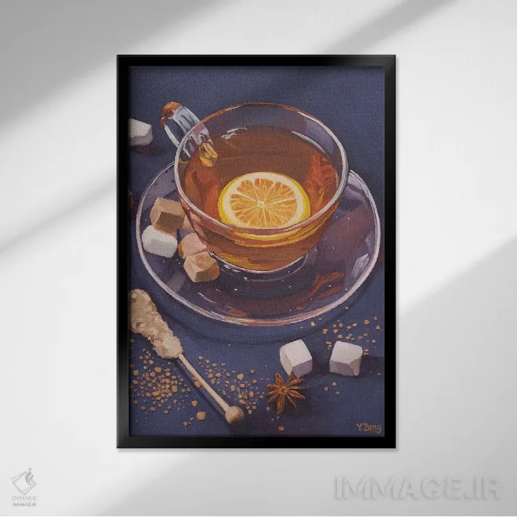 تابلو دکوراتیو چای لیمویی و حبه قند اثر یوئه زنگ - نمای قابدار مشکی