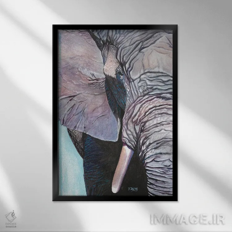 تابلو دکوراتیو پرتره فیل اثر یوئه زنگ - نمای قابدار مشکی