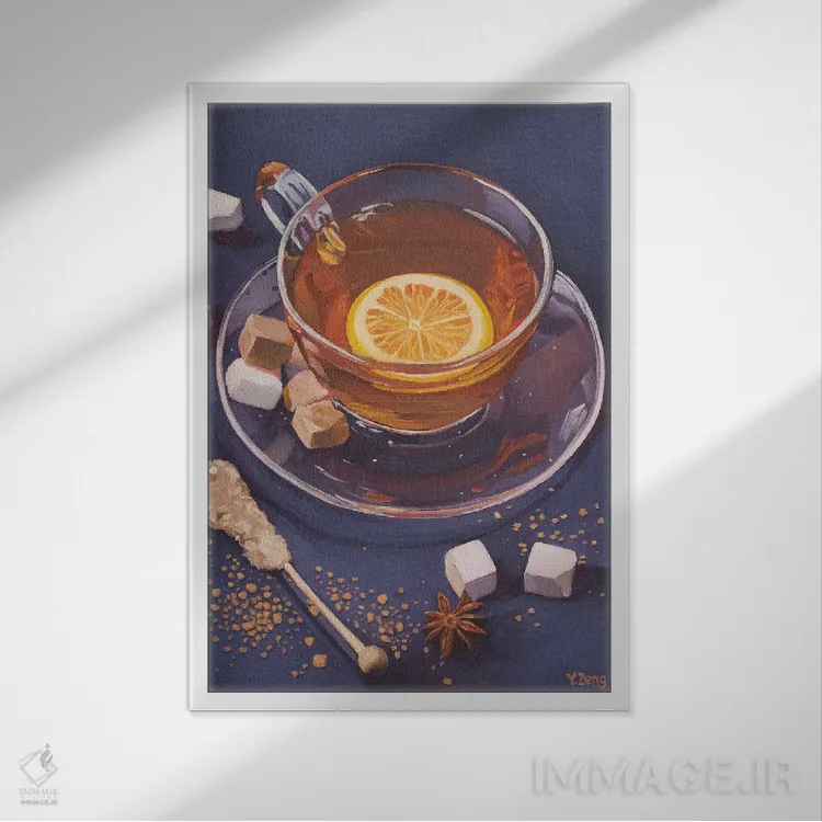 تابلو دکوراتیو چای لیمویی و حبه قند اثر یوئه زنگ - نمای قابدار سفید