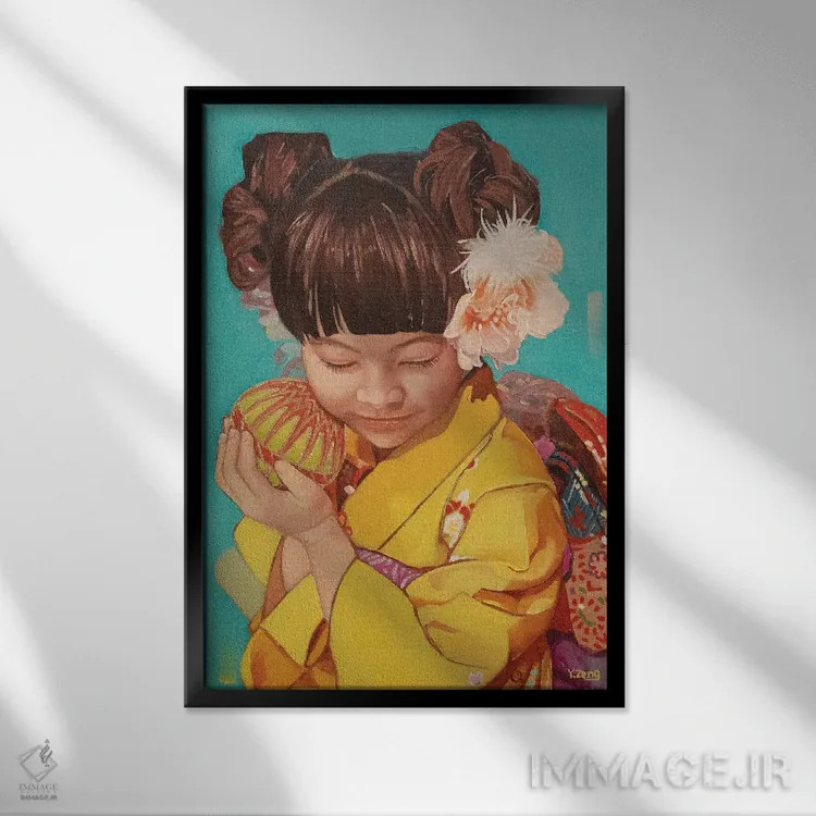 تابلو دکوراتیو نقاشی روغنی پرتره دختر با کیمونو اثر یوئه زنگ - نمای قابدار مشکی